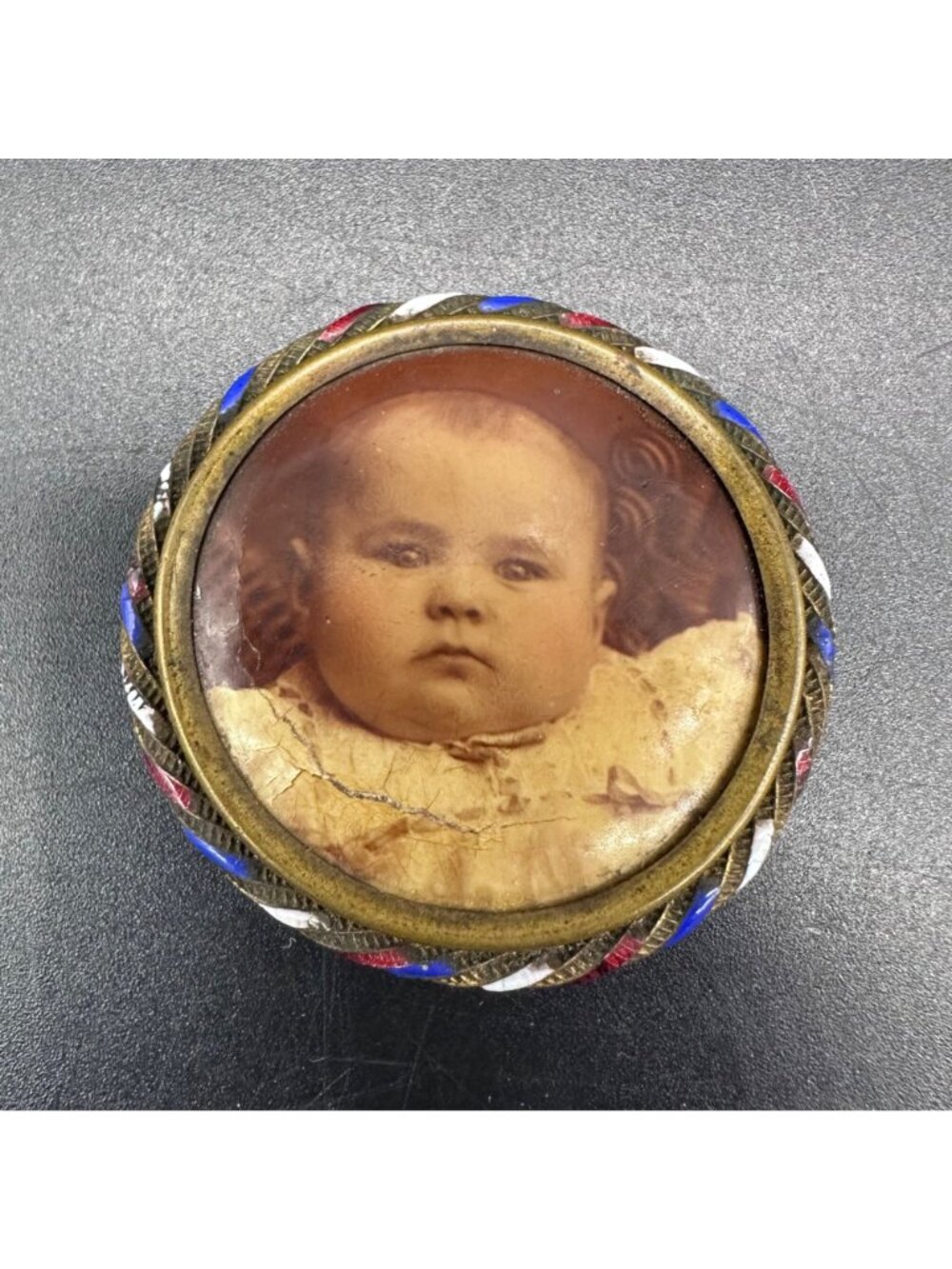 Antique Victorian Mourning Photo Brooch Pin Child Baby Brass Enamel Patriotic - Picture 2 of 8